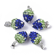 Polymer Clay Rhinestone Pendants, with Platinum Tone Iron Pinch Bail, Strawberry, Montana, PP12(1.8~1.9mm), 15.5x10mm, Hole: 4.5x3.5mm(RB-S055-39A)