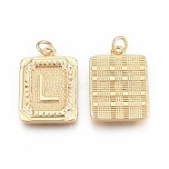 Brass Pendants, with Jump Rings, Cadmium Free & Nickel Free & Lead Free, Rectangle with Letter, Real 18K Gold Plated, Letter.L, 22.5x16x2mm, Jump Ring: 5x1mm, 3mm inner diameter(KK-N232-512L)