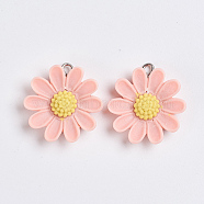 Resin Pendants, with Platinum Plated Iron Findings, Flower, Pink, 26.5x25x6.5mm, Hole: 2mm(RESI-TAC0002-29E)