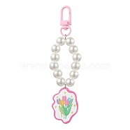 Alloy Acrylic Pendant Decorations, with Imitation Pearl Acrylic Beads, Flower Patterns, Pearl Pink, 126mm(HJEW-JM01845-04)