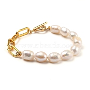 Natural Baroque Pearl Keshi Pearl Beaded Bracelets, with Iron Paperclip Chains and 304 Stainless Steel Toggle Clasps, Golden, 7.28~7.68 inch(18.5~19.5cm)(BJEW-JB05317)