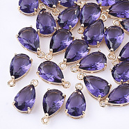 Transparent Glass Charms, with Brass Findings, Faceted, Teardrop, Light Gold, Medium Purple, 15x8x6mm, Hole: 1.2mm(X-GLAA-T007-11D)
