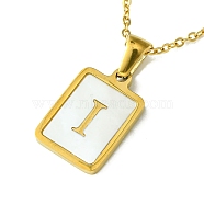 Ion Plating(IP) Rectangle with Initial Letter 304 Stainless Steel Pendant Necklace, white Shell, Real 18K Gold Plated, Letter I, 16.06 inch(40.8cm)(NJEW-R265-04G-I)
