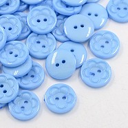 Acrylic Sewing Buttons for Clothes Design, Plastic Buttons, 2-Hole, Dyed, Flat Round with Flower Pattern, Cornflower Blue, 16x3mm, Hole: 1mm(BUTT-E083-C-07)