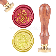 Brass Wax Seal Stamp, with Natural Rosewood Handle, for DIY Scrapbooking, Golden, Skiing Pattern, Stamp: 25mm, Handle: 79.5x21.5mm(AJEW-CP0002-04-D017)