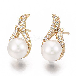 Brass Micro Clear Cubic Zirconia Stud Earrings, with ABS Plastic Imitation Pearl Beads, Teardrop, Real 18K Gold Plated, Creamy White, 17x9.5mm, Pin: 1mm(X-EJEW-N014-17-NF)