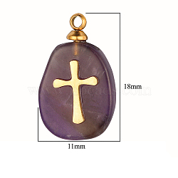 Natural Amethyst Pendants, Oval Charms, with Golden Tone Stainless Steel Cross Slice, 17~18x11~12x3.5~4.3mm(FIND-PW0015-02A-06)