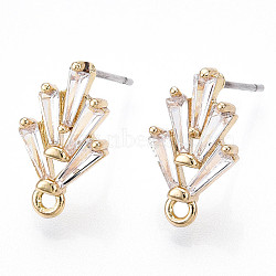 Brass Cubic Zirconia Ear Studs, 316 Surgical Stainless Steel Pin, Real 16K Gold Plated, 14~14.5x8.2x2.8mm, Pin: 0.6mm, Hole: 2.8mm(MAK-T011-04G)