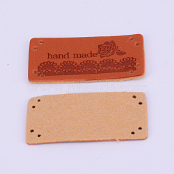 PU Leather Labels, Handmade Embossed Tag, with Holes, for DIY Jeans, Bags, Shoes, Hat Accessories, Rectangle with Word Handmade & Flower, Saddle Brown, 40x20x1.5mm(DIY-WH0171-43C)