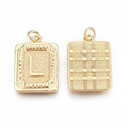 Brass Pendants, with Jump Rings, Cadmium Free & Nickel Free & Lead Free, Rectangle with Letter, Real 18K Gold Plated, Letter.L, 22.5x16x2mm, Jump Ring: 5x1mm, 3mm inner diameter(KK-N232-512L)
