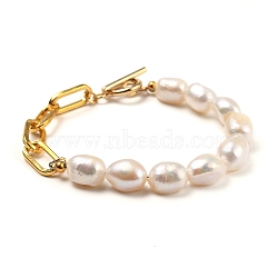 Natural Baroque Pearl Keshi Pearl Beaded Bracelets, with Iron Paperclip Chains and 304 Stainless Steel Toggle Clasps, Golden, 7.28~7.68 inch(18.5~19.5cm)(BJEW-JB05317)