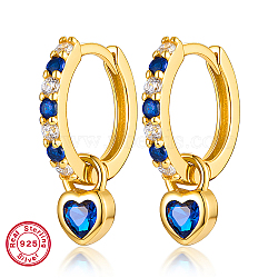 Real 18K Gold Plated 925 Sterling Silver Dangle Hoop Earrings, with 925 Stamp, Heart, Blue, 14x4mm(BK3514-1)