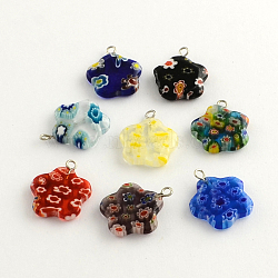 Handmade Millefiori Glass Pendants with Platinum Plated Iron Findings, Flower, Mixed Color, 21x18x4mm, Hole: 2mm(LK-R005-10)