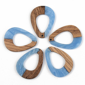 Opaque Resin & Walnut Wood Pendants, Teardrop, Cornflower Blue, 37.5x28x2.5mm, Hole: 2mm