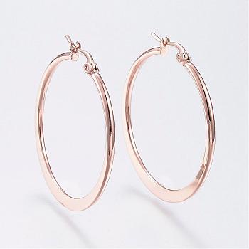 304 Stainless Steel Hoop Earrings, Hypoallergenic Earrings, Flat Ring Shape, Rose Gold, 34~36mm, Pin: 0.7x1mm