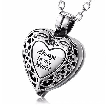 201 Stainless Steel Urn Pendants, for Commemoration, Excluding Chain, Heart with Word Always in My Heart, Antique Silver, 30x20x12mm