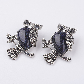 Synthetic Blue Goldstone Pendants, with Alloy Finding, Owl, Antique Silver, 46.5x35.5x11.5mm, Hole: 6x8.5mm
