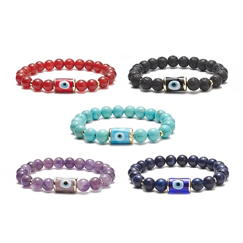 5Pcs 5 Style Natural & Synthetic Mixed Gemstone & Lampwork Evil Eye Beaded Stretch Bracelets Set for Women, Inner Diameter: 2-1/8 inch(5.3cm), 1Pc/style