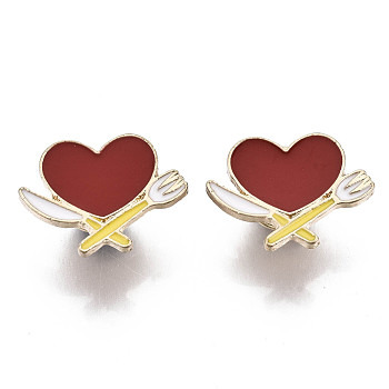 Alloy Brooches, Enamel Pin, with Brass Butterfly Clutches, Heart with Knives and Forks, Light Gold, Red, 16x22x2mm, Pin: 1mm