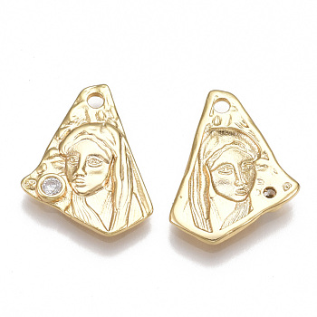 Brass Pendants, with Cubic Zirconia, Polygon with Woman, Nickel Free, Real 18K Gold Plated, 20x14x2mm, Hole: 1.8mm