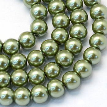 Baking Painted Pearlized Glass Pearl Round Bead Strands, Olive Drab, 8~9mm, Hole: 1mm, about 105pcs/strand, 31.4 inch