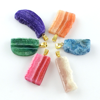 Dyed Drusy Natural Agate Pendants, Mixed Shapes, with Golden Plated Iron Pinch Bails, Mixed Color, 37~49x13~24x6~9mm, Hole: 6x5mm