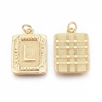 Brass Pendants, with Jump Rings, Cadmium Free & Nickel Free & Lead Free, Rectangle with Letter, Real 18K Gold Plated, Letter.L, 22.5x16x2mm, Jump Ring: 5x1mm, 3mm inner diameter