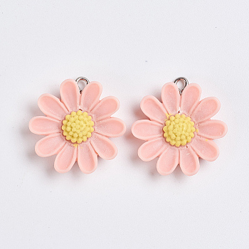 Resin Pendants, with Platinum Plated Iron Findings, Flower, Pink, 26.5x25x6.5mm, Hole: 2mm