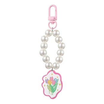 Alloy Acrylic Pendant Decorations, with Imitation Pearl Acrylic Beads, Flower Patterns, Pearl Pink, 126mm
