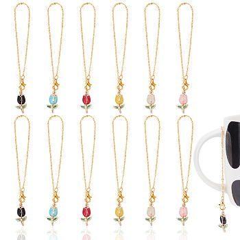 2 Sets Tulip Alloy Enamel Pendants Wine Glass Charms Sets, with Zinc Alloy Lobster Claw Clasps & Brass Coated Iron Cable Chains, Mixed Color, 200mm, 6pcs/set