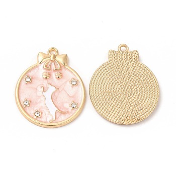 Alloy Enamel Pendants, with Rhinestone, Cadmium Free & Nickel Free & Lead Free, Golden, Flat Round with Cat & Star Pattern, Pink, 26.5x22x2.5mm, Hole: 1.6mm