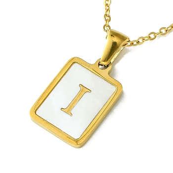 Ion Plating(IP) Rectangle with Initial Letter 304 Stainless Steel Pendant Necklace, white Shell, Real 18K Gold Plated, Letter I, 16.06 inch(40.8cm)