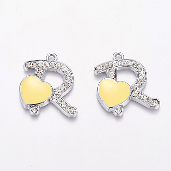 Zinc Alloy Rhinestone Pendants, with Enameled, Letter R & Heart, Platinum and Yellow Color, about 40mm long, 35mm wide, 5.5mm thick, hole: 4mm