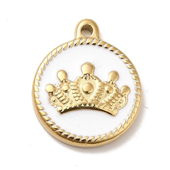 Ion Plating(IP) 304 Stainless Steel Pendants, with Enamel, Golden, Flat Round with Crown, White, 18.5x15.5x3mm, Hole: 1.5mm
