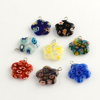 Handmade Millefiori Glass Pendants with Platinum Plated Iron Findings, Flower, Mixed Color, 21x18x4mm, Hole: 2mm