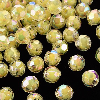 Transparent Acrylic Beads, Bead in Bead, AB Color, Faceted, Round, Yellow, 9.5x9.5mm, Hole: 2mm