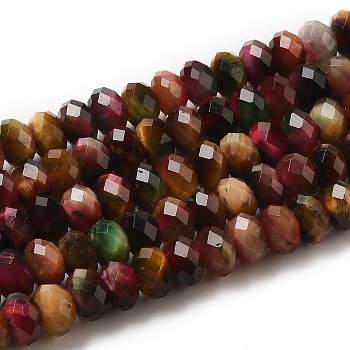Natural Rainbow Tiger Eye Beads Strands, Dyed, Faceted, Rondelle, Goldenrod, 6x4mm, Hole: 1mm, about 92~101pcs/strand, 15.55 inch(39.5cm)