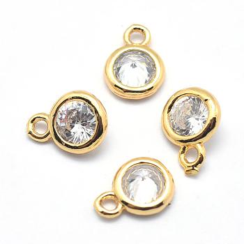 Brass Cubic Zirconia Pendants, Flat Round Charms, Lead Free & Cadmium Free, Real 18K Gold Plated, 7x5x2.5mm, Hole: 1mm