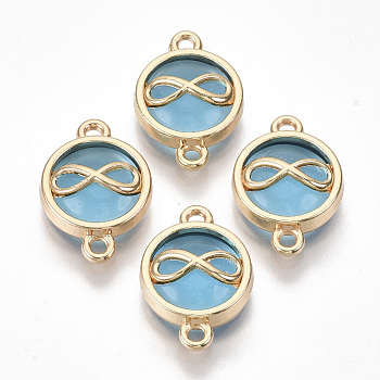 Glass Links connectors, with Light Gold Plated Alloy Findings, Flat Round with Infinity, Light Sky Blue, 19.5x13.5x5.5mm, Hole: 1.6mm