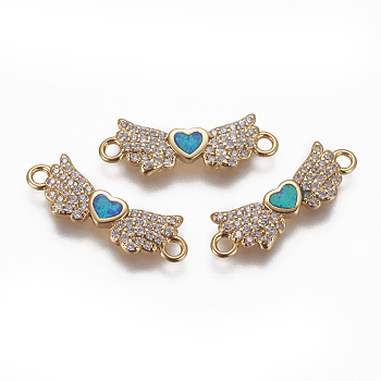 Brass Cubic Zirconia Links, with Synthetic Opal, Wing with Heart, Golden, Blue, 7x21x2mm, Hole: 1.6mm