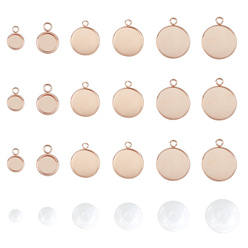 DIY Pendant Making Kits, with Flat Round 304 Stainless Steel Pendant Cabochon Settings, Plain Edge Bezel Cups, Transparent Glass Cabochons, Rose Gold, Pendant Cabochon Settings: 24pcs/set