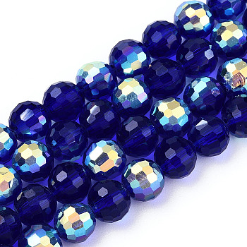 Transparent Electroplate Glass Beads Strands, Faceted, Half AB Color Plated, Round, Medium Blue, 8x7~7.5mm, Hole: 1.0mm, about 71~72 pcs/strand, 20.20~21.85 inch(51.3~55.5cm)