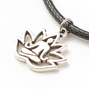 Alloy Lotus Pendant Necklace with Imitation Leather Cord, Yoga Theme Jewelry for Women, Antique Silver, 17.87inch (45.4cm)