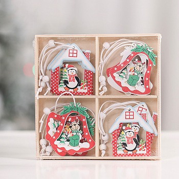 Christmas Wooden Box Set Pendant Decoration, for Christmas Tree Hanging Ornaments, House & Bell, Mixed Shapes, 60mm, 12pcs/set