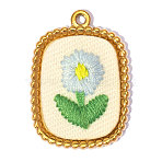 304 Stainless Steel with Cloth Pendants, Ion Plating(IP), Rectangle with Flower Charms, Hand Polished, Light Sky Blue, Real 18K Gold Plated, 26x19mm, Hole: 2mm(FB-OY001-04G)