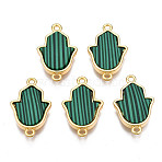 Brass Connector Charms, with Synthetic Malachite, Cadmium Free & Nickel Free & Lead Free, Real 18K Gold Plated, Hamsa Hand/Hand of Miriam, Sea Green, 19.5x12x3mm, Hole: 1.2mm(KK-N233-171B-01D)