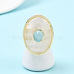 Natural Quartz Crystal & Flower Amazonite Oval Cuff Rings, with Brass Findings, Golden, 34.5x26mm(G-P599-01G-01)