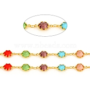 Handmade Brass Link Chains, with Glass Faceted Rhinestone & Spool, Soldered, Long-Lasting Plated,Real 18K Gold Plated,  Flower, Colorful, Flower: 12x6.5x3mm, about 32.8 Feet(10m)/roll(CHC-F011-08B-G)