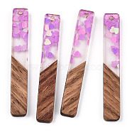 Transparent Resin & Walnut Wood Big Pendants, Rectangle Charms with Heart Paillettes, Violet, 51.5x7.5x3mm, Hole: 1.8mm(RESI-N039-58C)