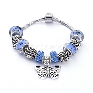 Brass European Style Bracelets, with Acrylic and Polymer Clay Rhinestone European Beads, Alloy Rose Beads and Butterfly Pendants , Dodger Blue, 7-1/4 inch(18.5cm)(BJEW-JB05136-02)